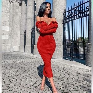 - - 💕 RED Women's Sexy Long Sleeve Off Shoulder Knit Bodycon Long Dress *NEW*